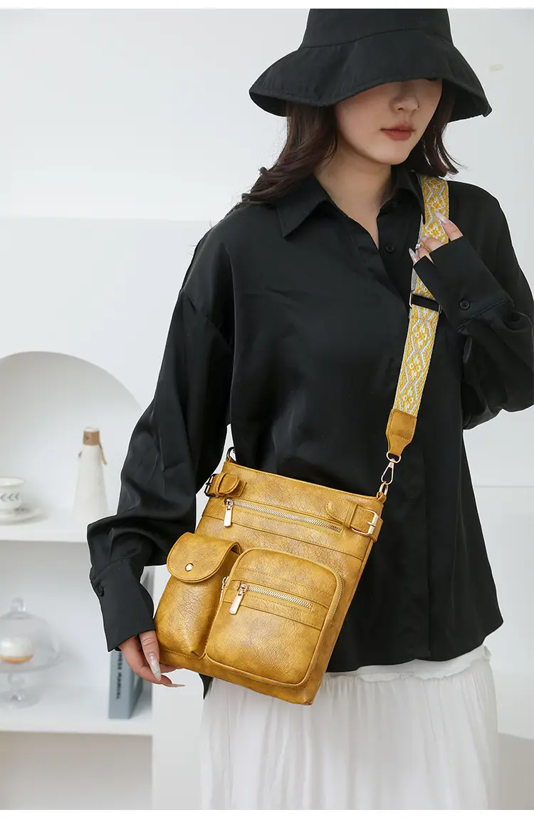 Women's Yellow PU Leather Crossbody Bag with Embroidered Strap — feature 25