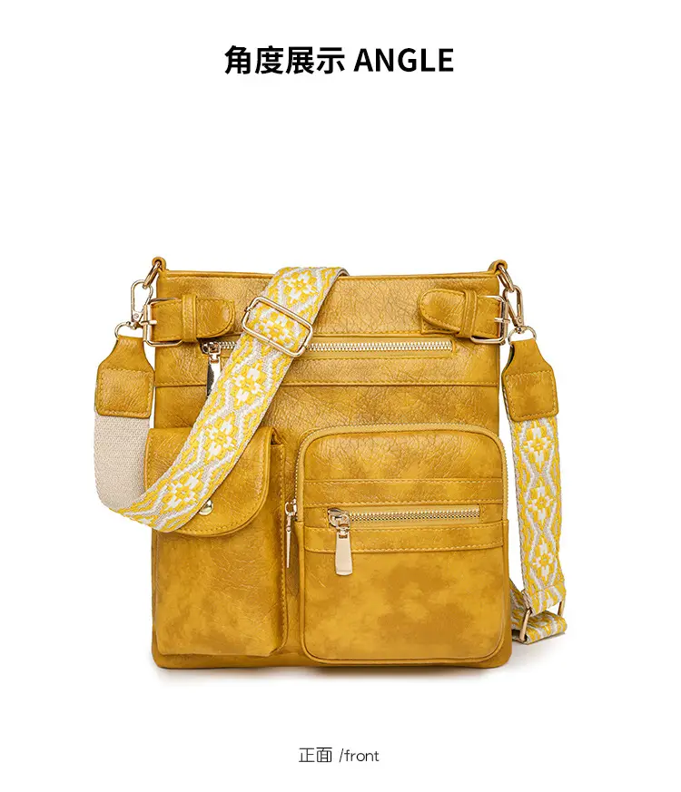 Women's Yellow PU Leather Crossbody Bag with Embroidered Strap — feature 26
