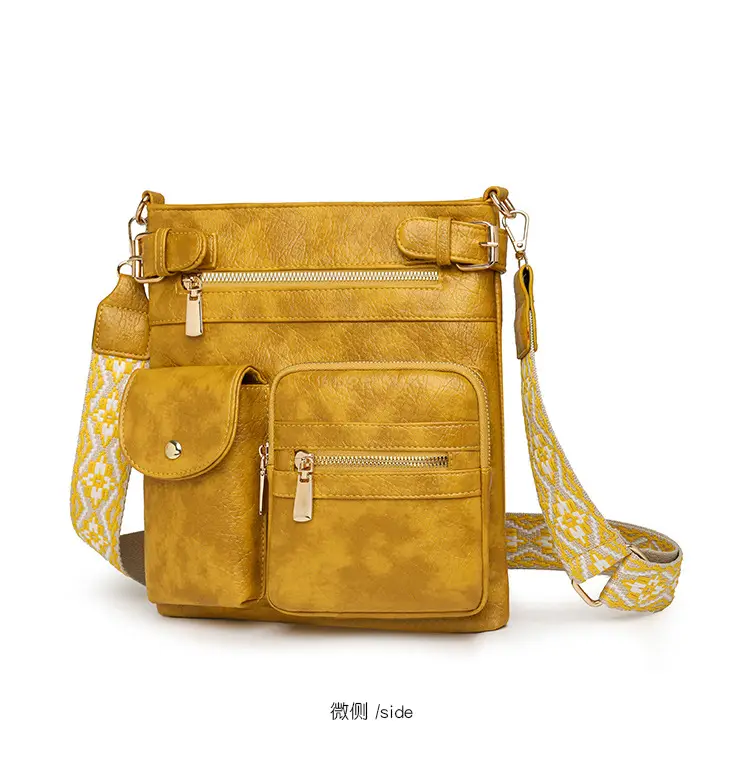 Women's Yellow PU Leather Crossbody Bag with Embroidered Strap — feature 27
