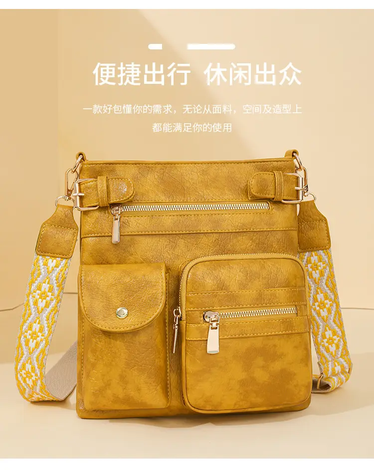 Women's Yellow PU Leather Crossbody Bag with Embroidered Strap — feature 3