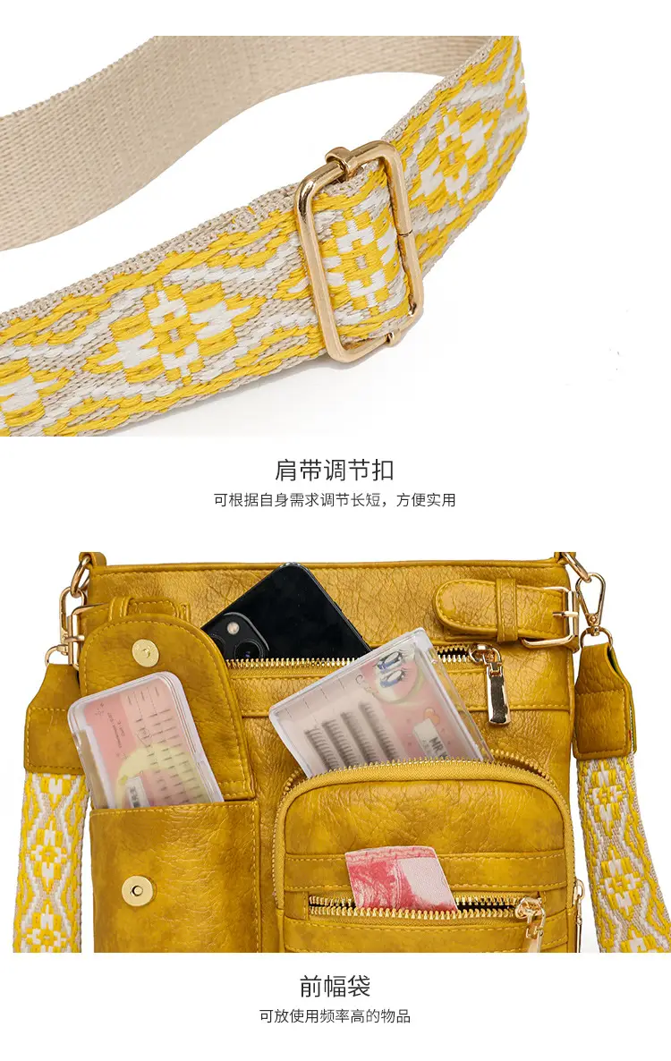 Women's Yellow PU Leather Crossbody Bag with Embroidered Strap — feature 32
