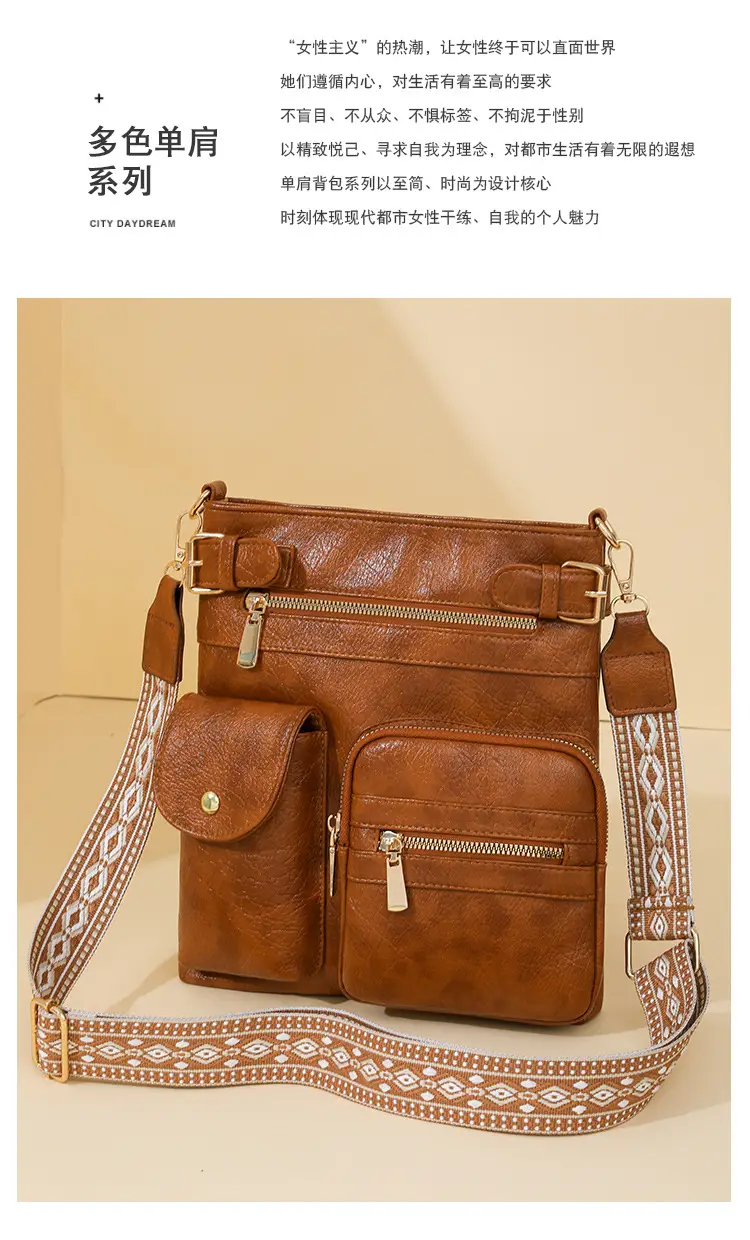 Women's Yellow PU Leather Crossbody Bag with Embroidered Strap — feature 4