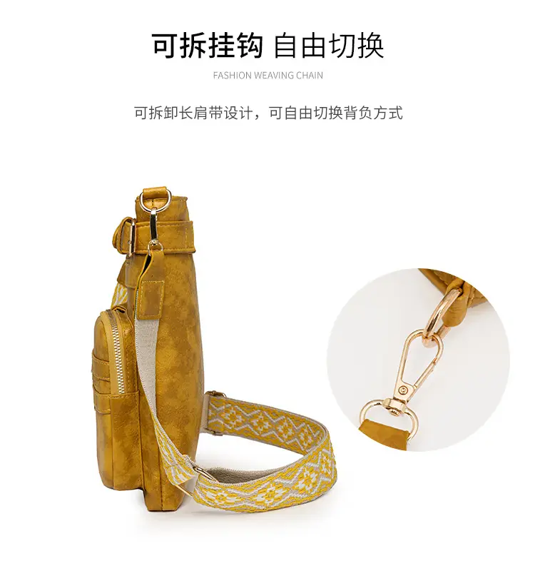 Women's Yellow PU Leather Crossbody Bag with Embroidered Strap — feature 9
