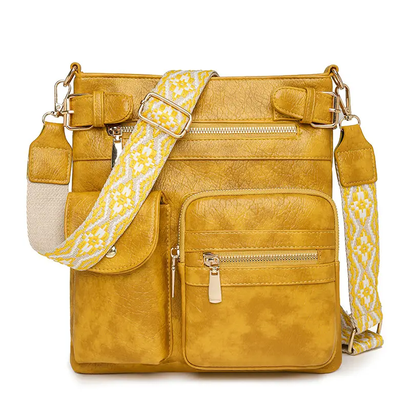 Women's Yellow PU Leather Crossbody Bag with Embroidered Strap