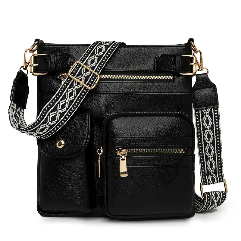 Women's Yellow PU Leather Crossbody Bag with Embroidered Strap