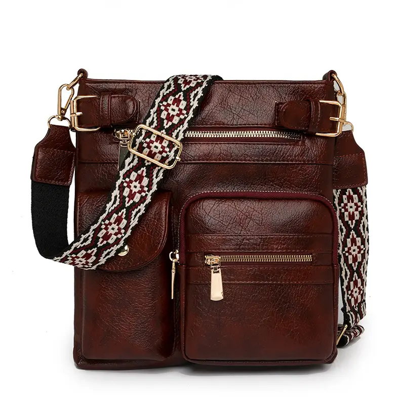 Women's Yellow PU Leather Crossbody Bag with Embroidered Strap