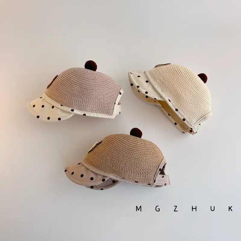 Baby's Straw Hat with Bear Design Wave Dot Ball - Image 8