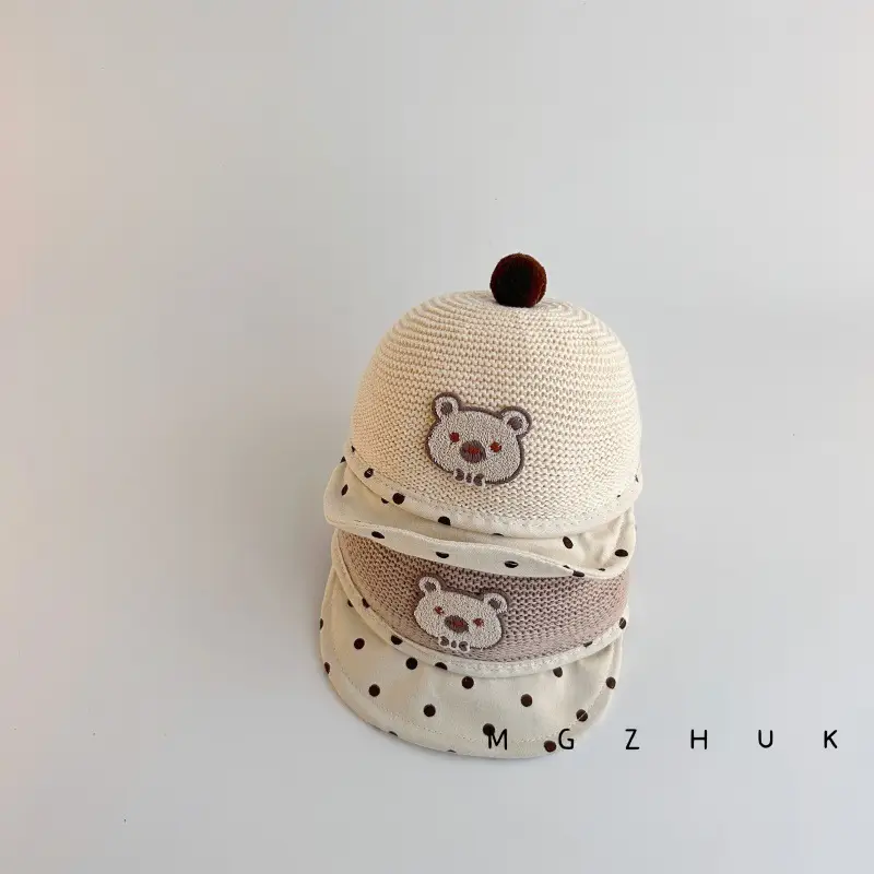 Baby's Straw Hat with Bear Design Wave Dot Ball - Image 9