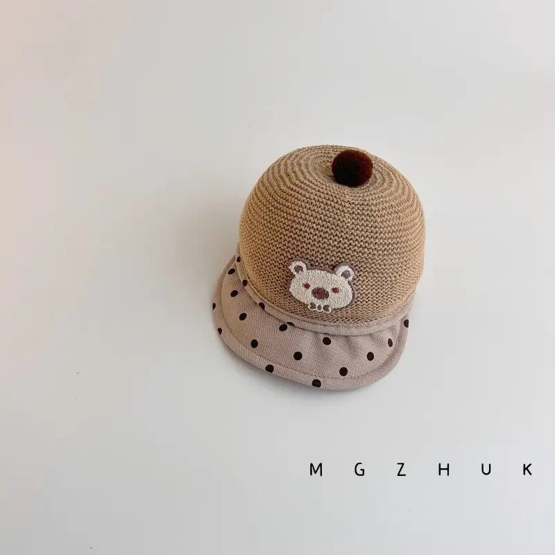 Baby's Straw Hat with Bear Design Wave Dot Ball - Image 2