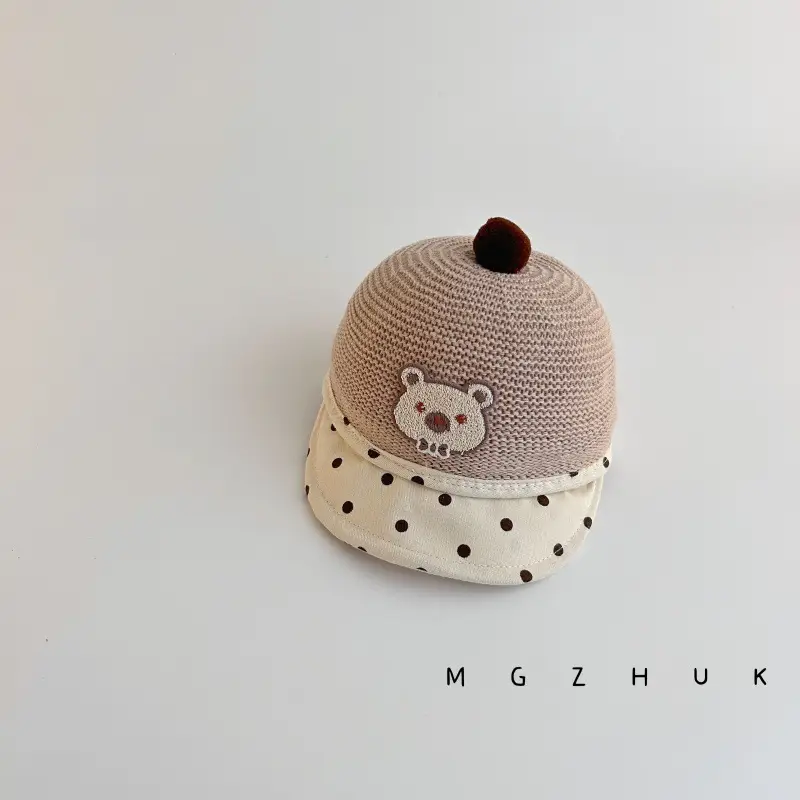 Baby's Straw Hat with Bear Design Wave Dot Ball - Image 3