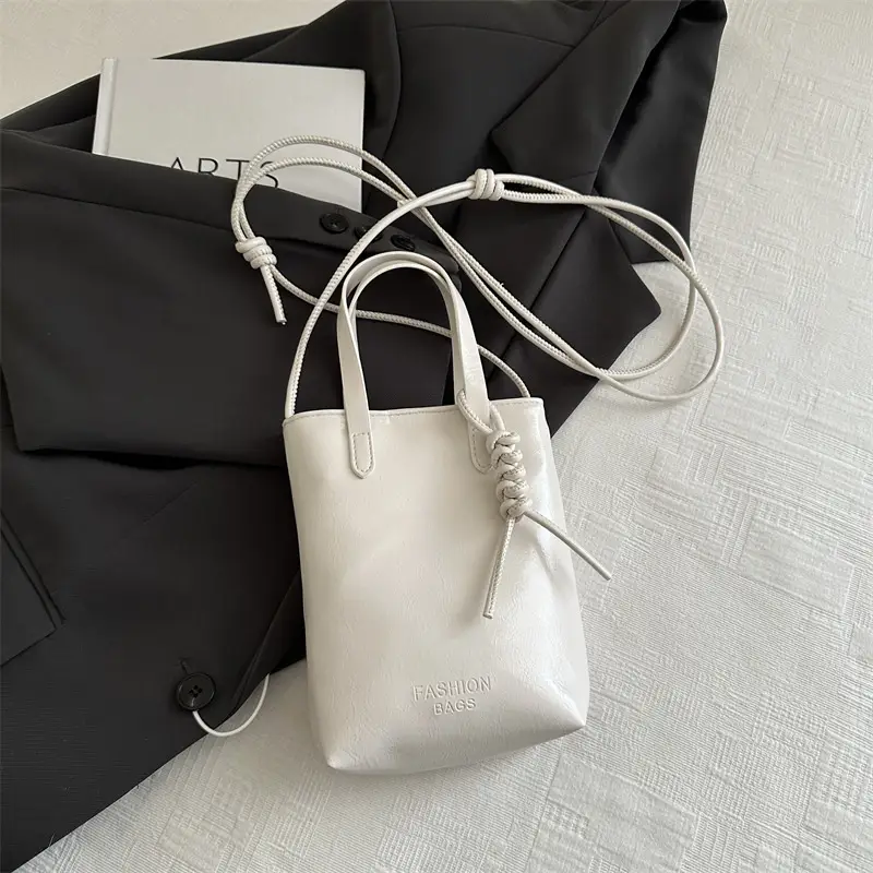 Women's White Pearl-Decorated Shoulder Bag with Mobile Cover