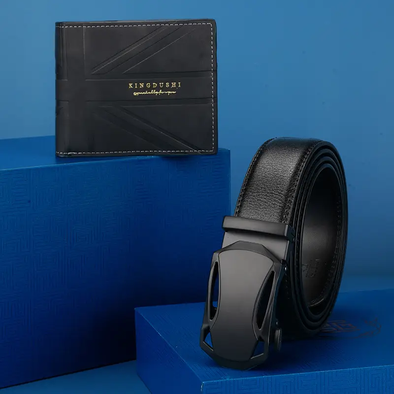Men's Brown Leather Belt Wallet with Automatic Buckle