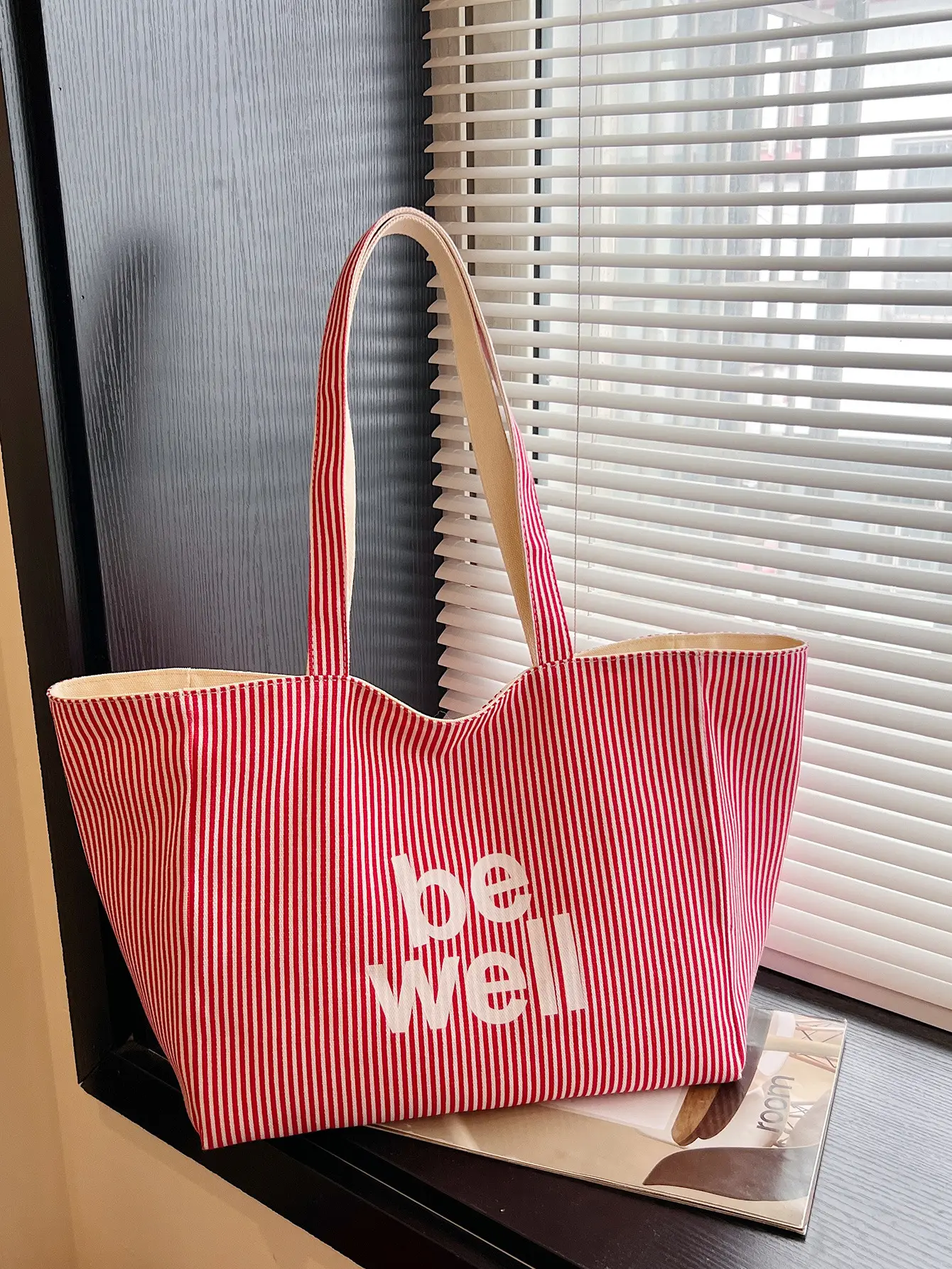 Women's Pink Striped Canvas Shoulder Bag "Be Well" - Image 5