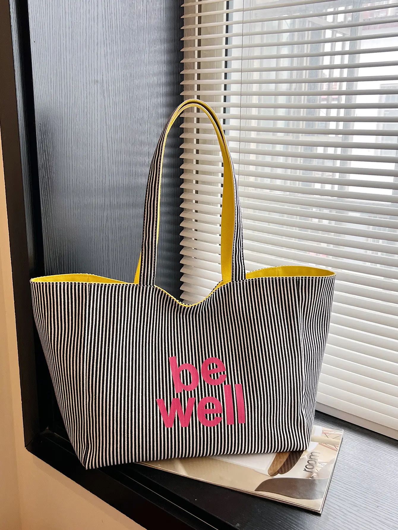 Women's Pink Striped Canvas Shoulder Bag "Be Well" - Image 4