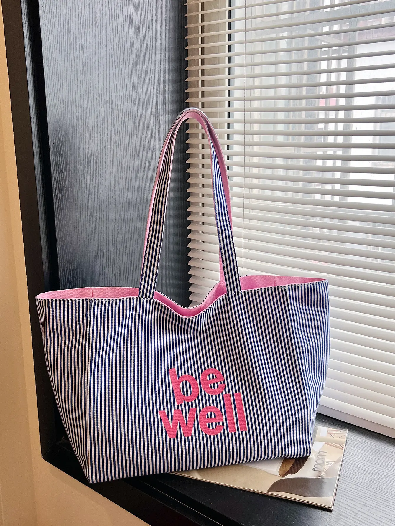 Women's Pink Striped Canvas Shoulder Bag "Be Well" - Image 3