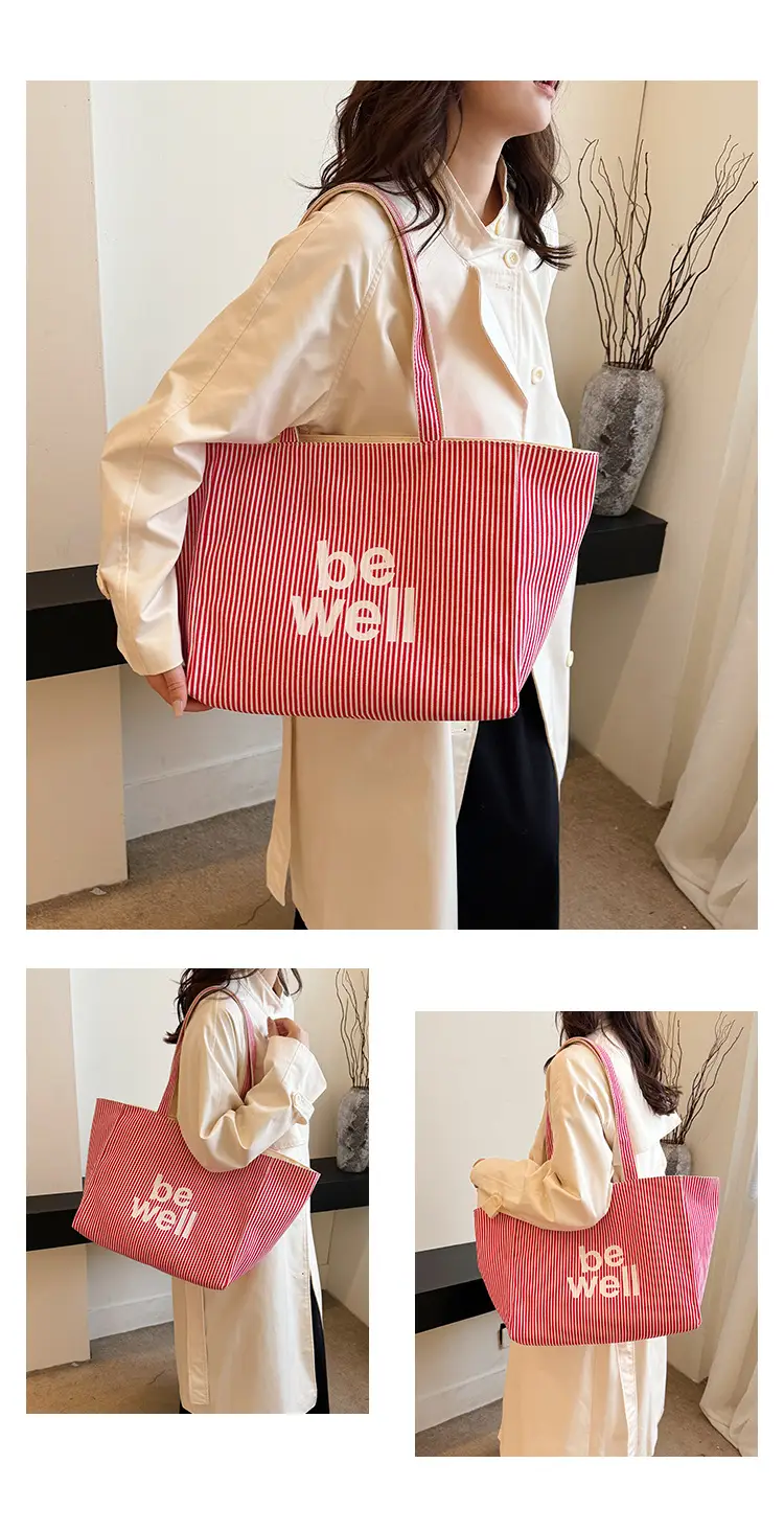 Women's Pink Striped Canvas Shoulder Bag "Be Well" — feature 27