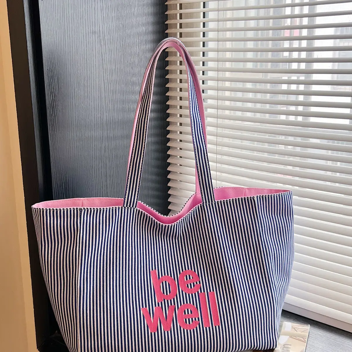 Women's Pink Striped Canvas Shoulder Bag "Be Well" — feature 28