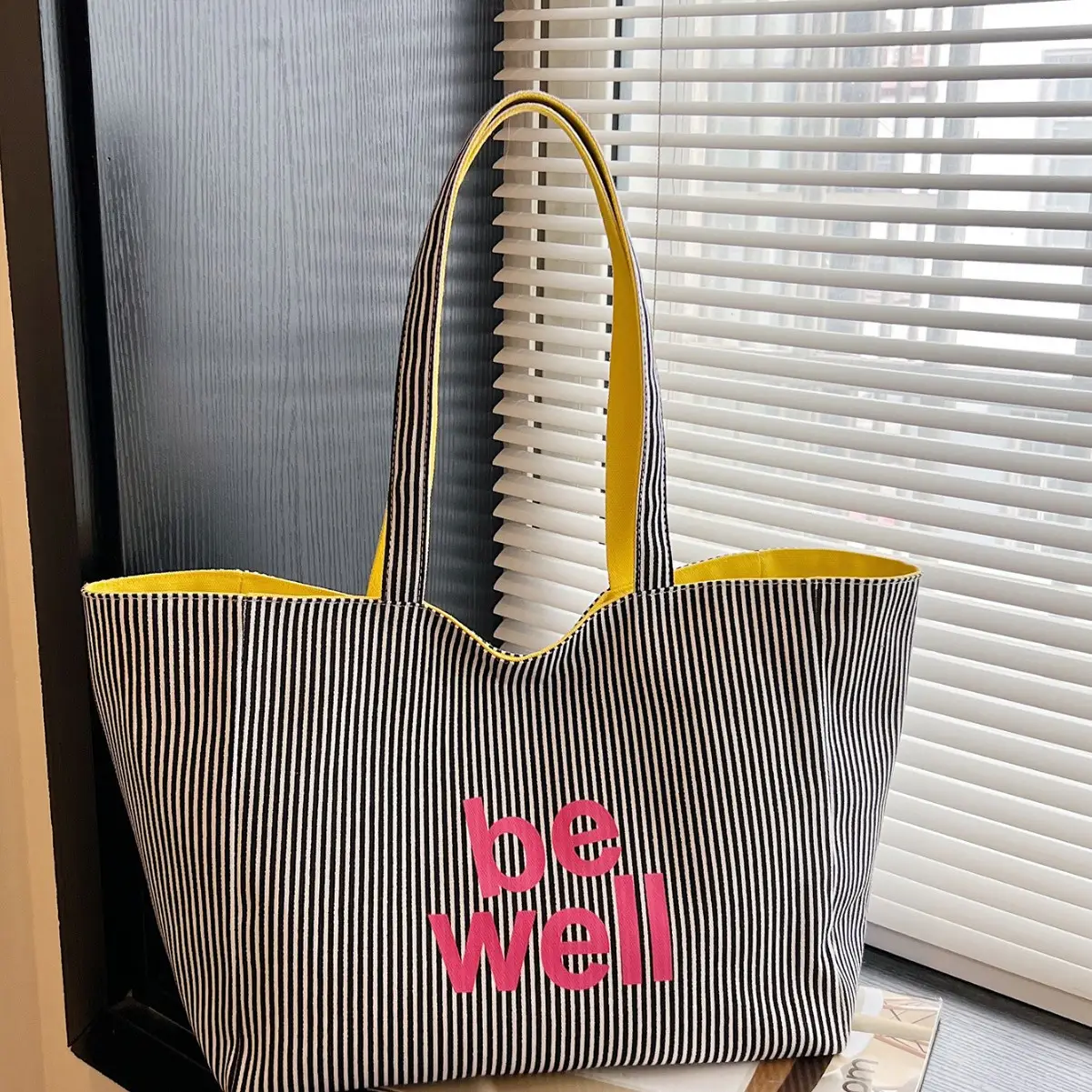 Women's Pink Striped Canvas Shoulder Bag "Be Well" — feature 30