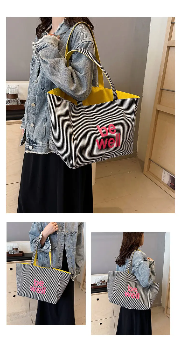 Women's Pink Striped Canvas Shoulder Bag "Be Well" — feature 31