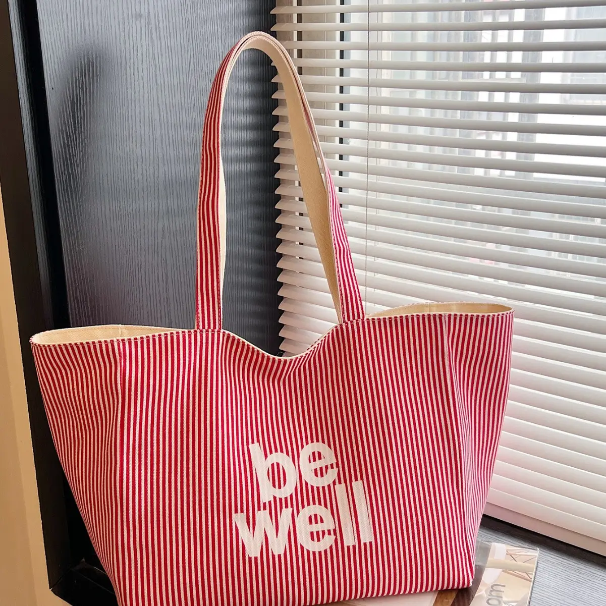 Women's Pink Striped Canvas Shoulder Bag "Be Well" — feature 32