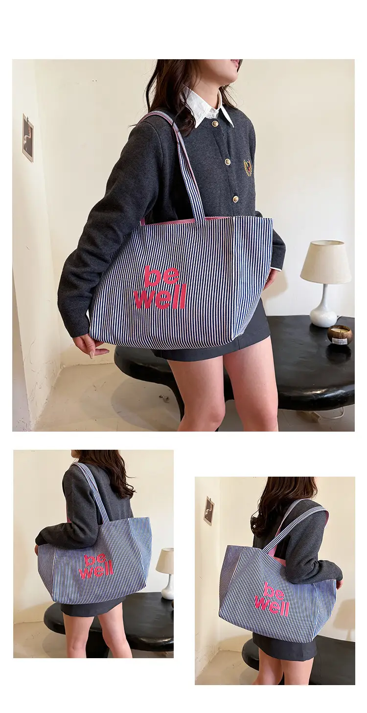 Women's Pink Striped Canvas Shoulder Bag "Be Well" — feature 35