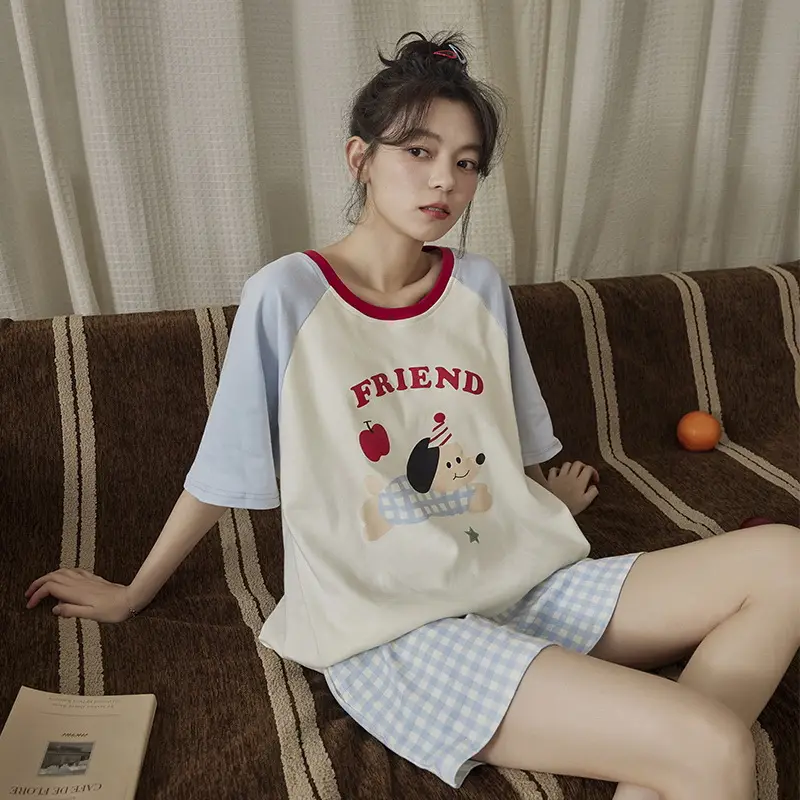 Pajamas with Breast Pads for Women 2026 New Summer Short-Sleeved Shorts Thin Cartoon Outerwear Cotton Home Wear Set