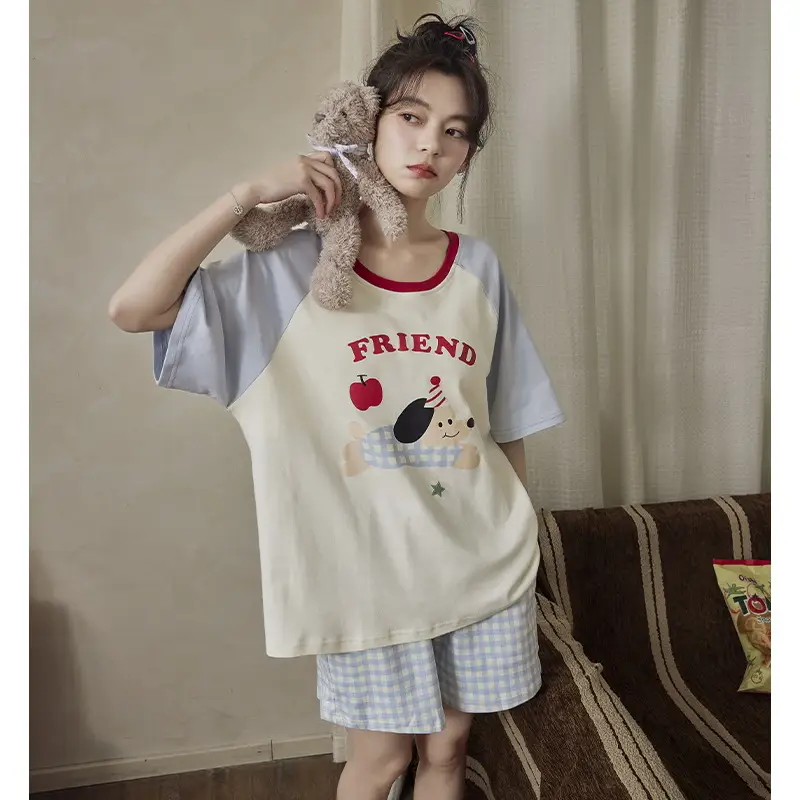 Pajamas with Breast Pads for Women 2026 New Summer Short-Sleeved Shorts Thin Cartoon Outerwear Cotton Home Wear Set