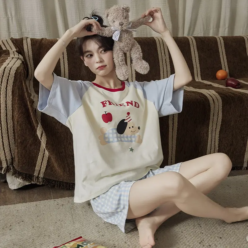 Pajamas with Breast Pads for Women 2026 New Summer Short-Sleeved Shorts Thin Cartoon Outerwear Cotton Home Wear Set