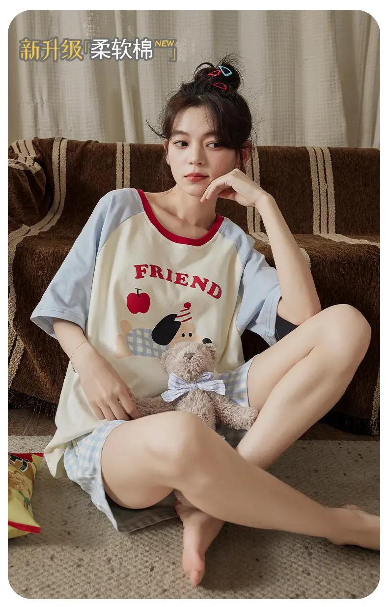 Pajamas with Breast Pads for Women 2026 New Summer Short-Sleeved Shorts Thin Cartoon Outerwear Cotton Home Wear Set — feature 1