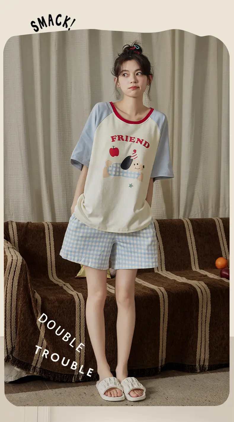 Pajamas with Breast Pads for Women 2026 New Summer Short-Sleeved Shorts Thin Cartoon Outerwear Cotton Home Wear Set — feature 11