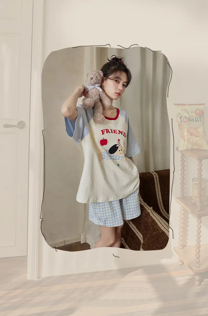 Pajamas with Breast Pads for Women 2026 New Summer Short-Sleeved Shorts Thin Cartoon Outerwear Cotton Home Wear Set — feature 12