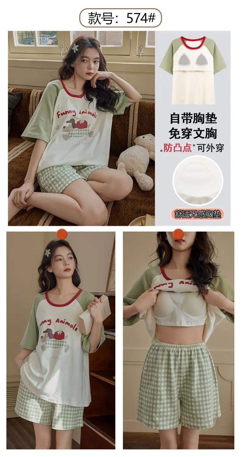 Pajamas with Breast Pads for Women 2026 New Summer Short-Sleeved Shorts Thin Cartoon Outerwear Cotton Home Wear Set — feature 18