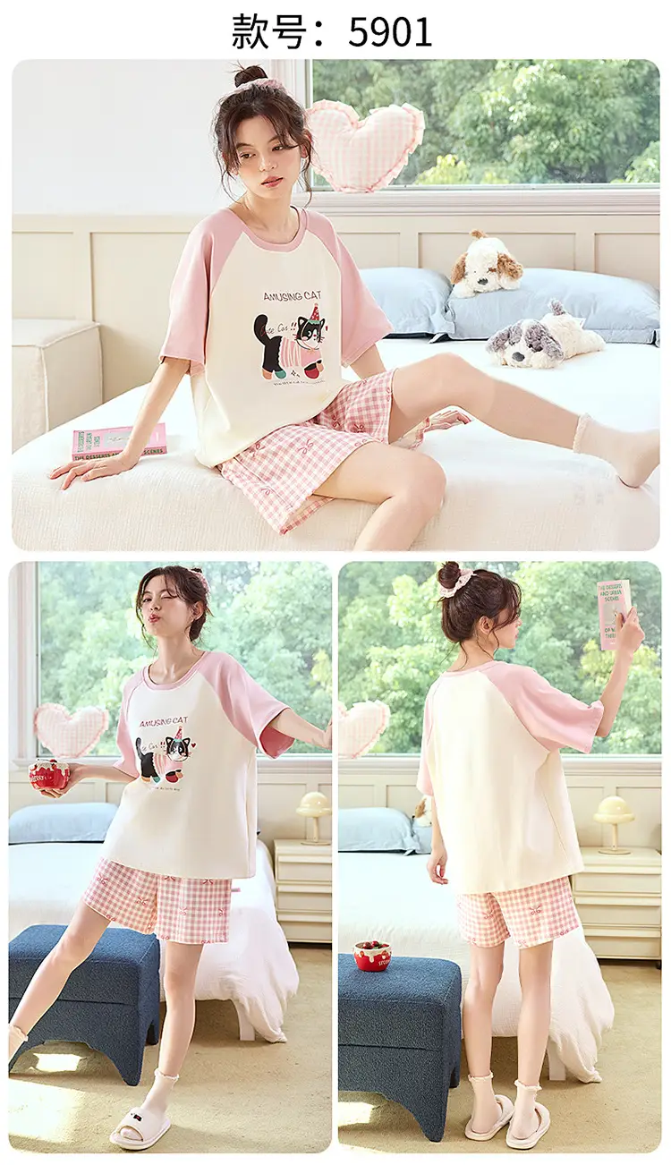 Pajamas with Breast Pads for Women 2026 New Summer Short-Sleeved Shorts Thin Cartoon Outerwear Cotton Home Wear Set — feature 20