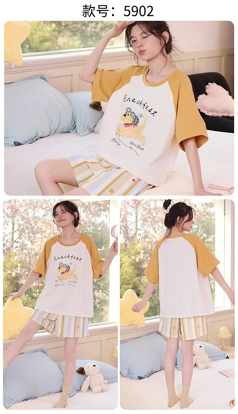 Pajamas with Breast Pads for Women 2026 New Summer Short-Sleeved Shorts Thin Cartoon Outerwear Cotton Home Wear Set — feature 21