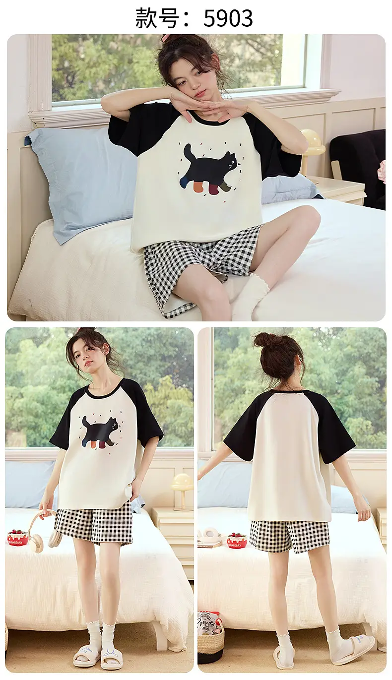 Pajamas with Breast Pads for Women 2026 New Summer Short-Sleeved Shorts Thin Cartoon Outerwear Cotton Home Wear Set — feature 22