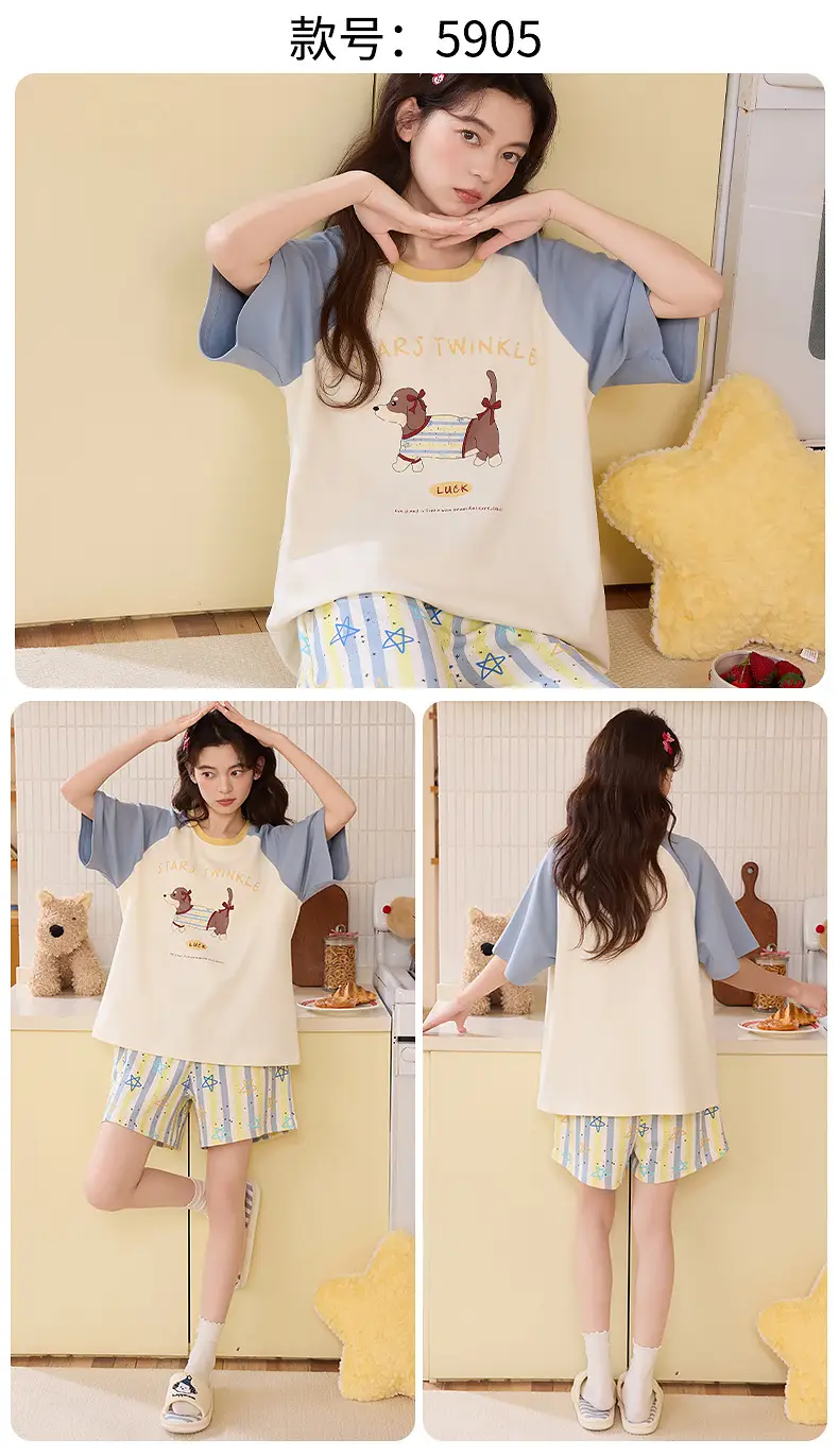 Pajamas with Breast Pads for Women 2026 New Summer Short-Sleeved Shorts Thin Cartoon Outerwear Cotton Home Wear Set — feature 24