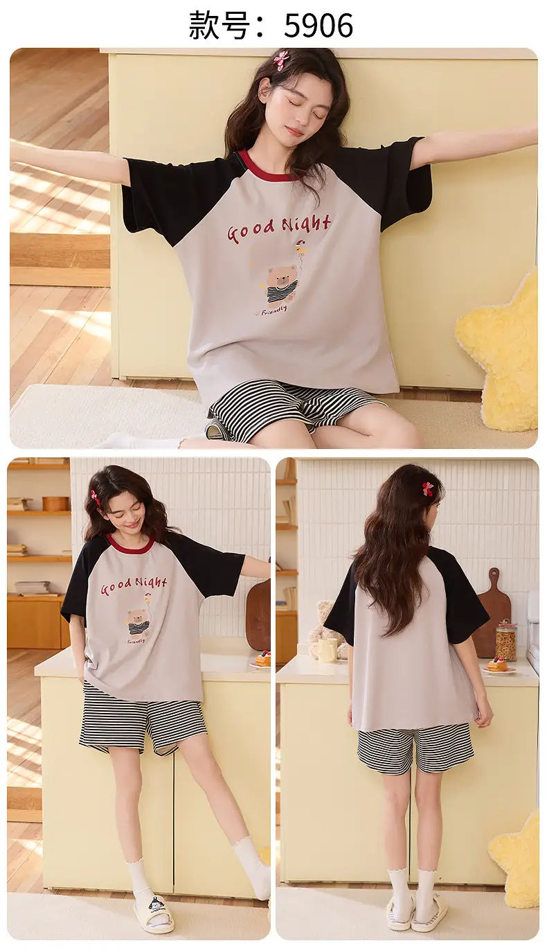 Pajamas with Breast Pads for Women 2026 New Summer Short-Sleeved Shorts Thin Cartoon Outerwear Cotton Home Wear Set — feature 25
