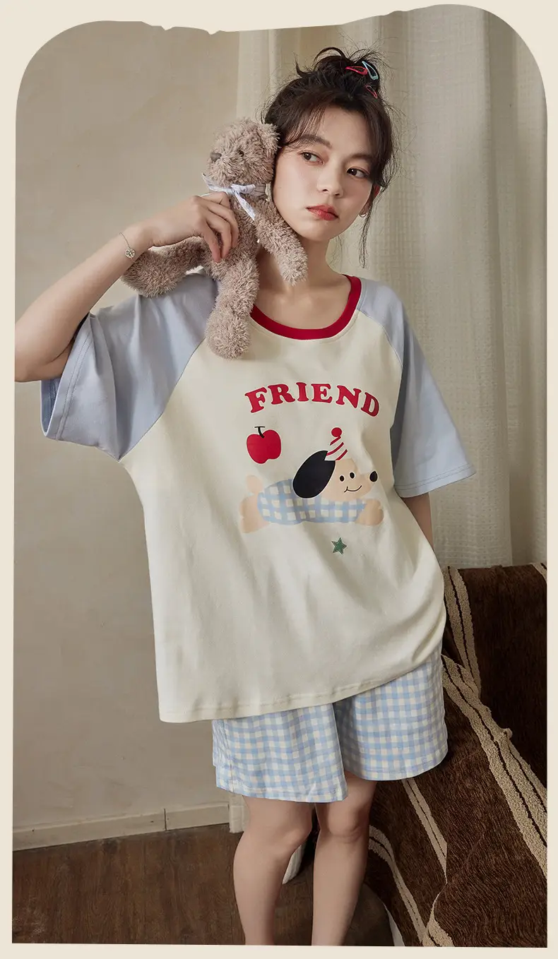 Pajamas with Breast Pads for Women 2026 New Summer Short-Sleeved Shorts Thin Cartoon Outerwear Cotton Home Wear Set — feature 7
