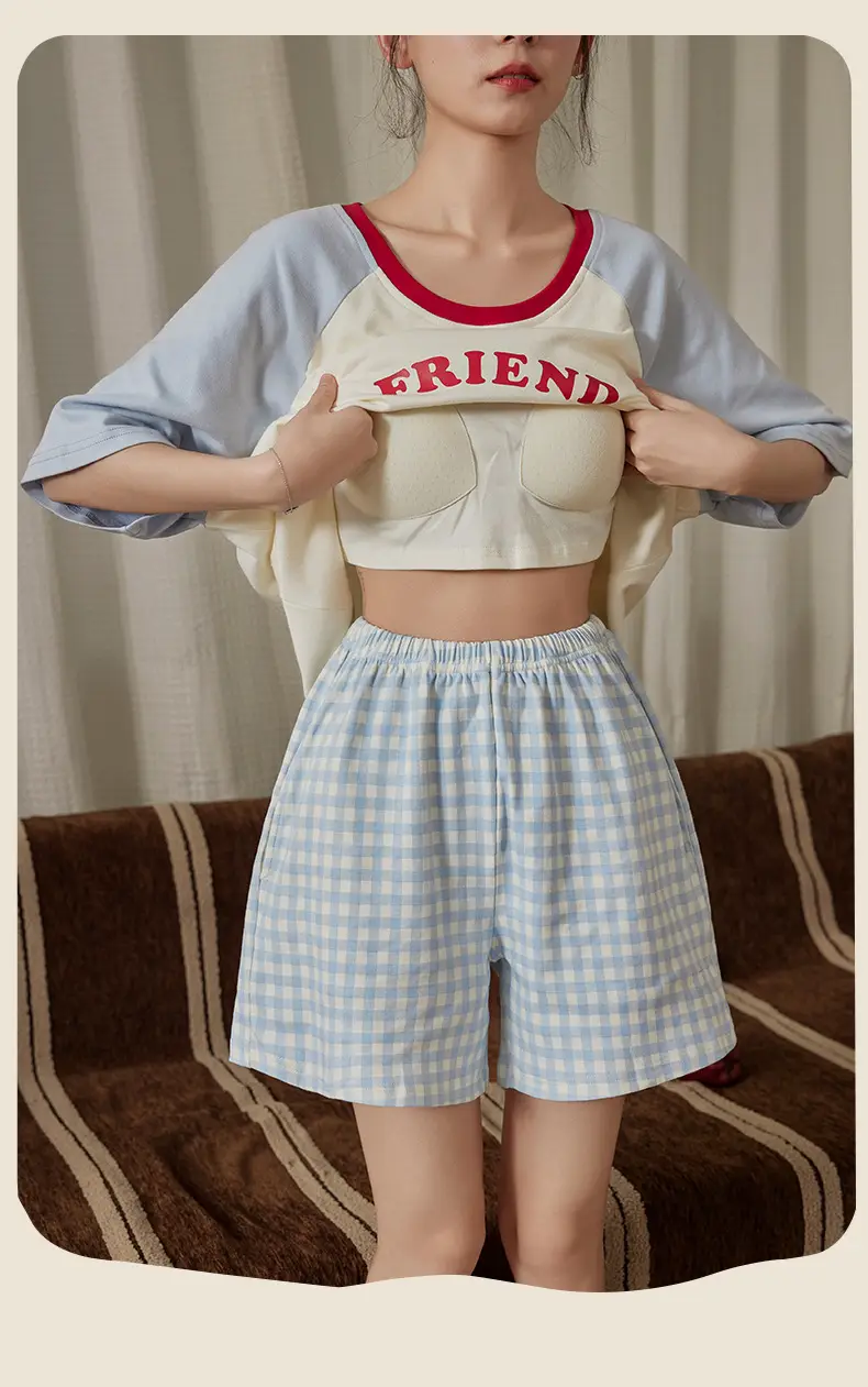 Pajamas with Breast Pads for Women 2026 New Summer Short-Sleeved Shorts Thin Cartoon Outerwear Cotton Home Wear Set — feature 8