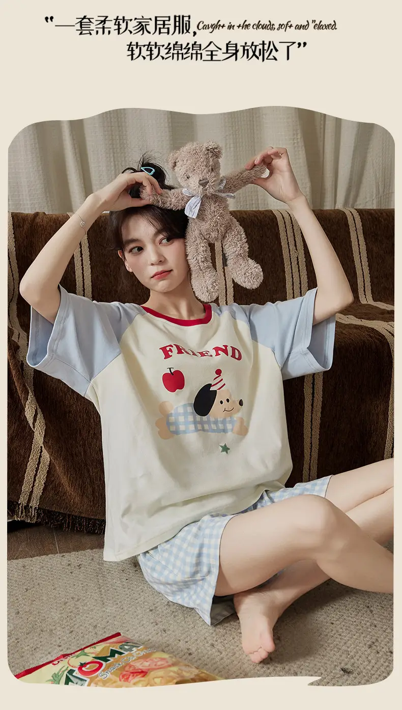 Pajamas with Breast Pads for Women 2026 New Summer Short-Sleeved Shorts Thin Cartoon Outerwear Cotton Home Wear Set — feature 9