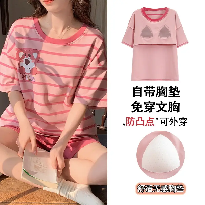 Pajamas with Breast Pads for Women 2026 New Summer Short-Sleeved Shorts Thin Cartoon Outerwear Cotton Home Wear Set