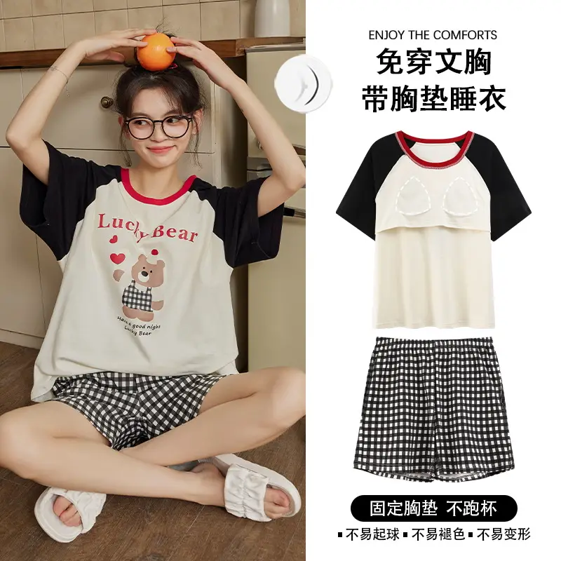 Pajamas with Breast Pads for Women 2026 New Summer Short-Sleeved Shorts Thin Cartoon Outerwear Cotton Home Wear Set
