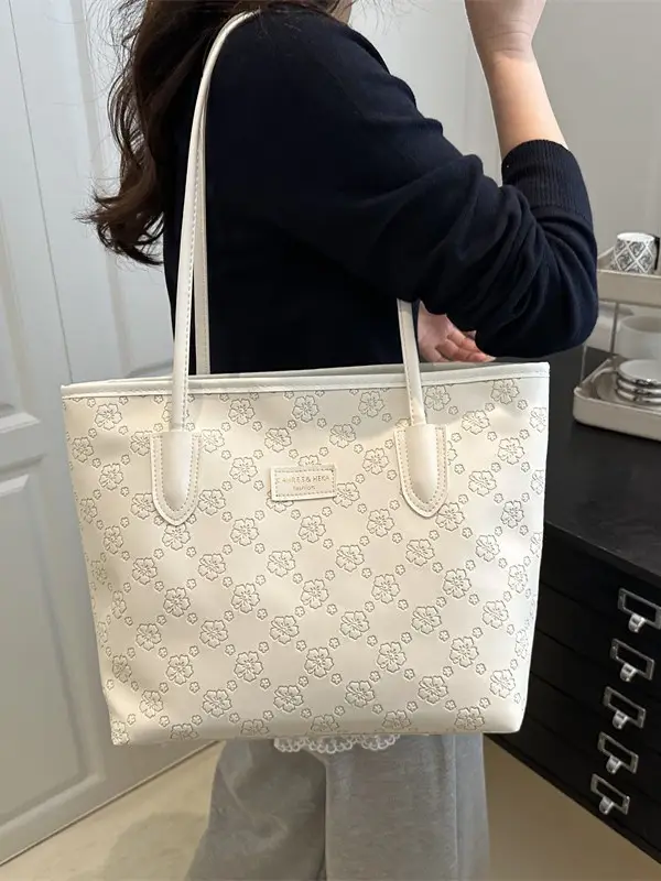 Women's 2-Piece Embossed Tote Bag Set White - Image 8