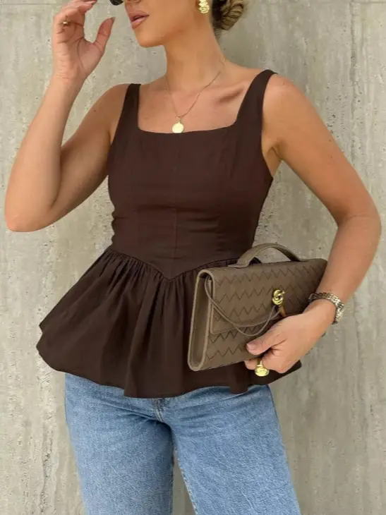 Sweet Chiffon Backless Dress Brown Peplum Top with Flapper
