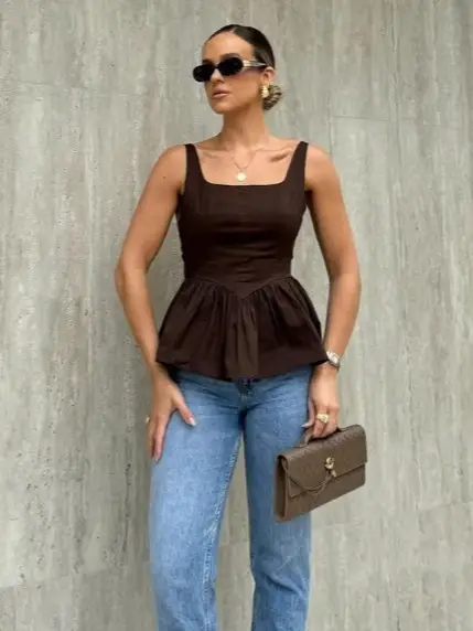 Sweet Chiffon Backless Dress Brown Peplum Top with Flapper