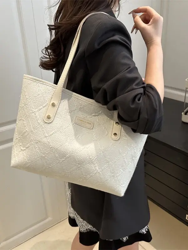 Women's Large Capacity Embossed Tote Bag Beige - Image 6