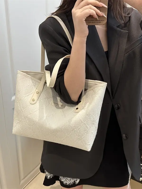 Women's Large Capacity Embossed Tote Bag Beige - Image 7