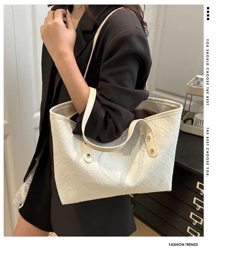 Women's Large Capacity Embossed Tote Bag Beige — feature 1