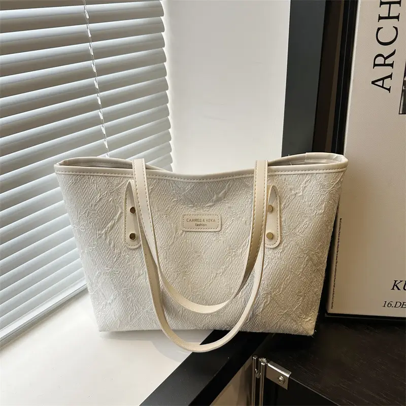 Women's Large Capacity Embossed Tote Bag Beige - Image 2