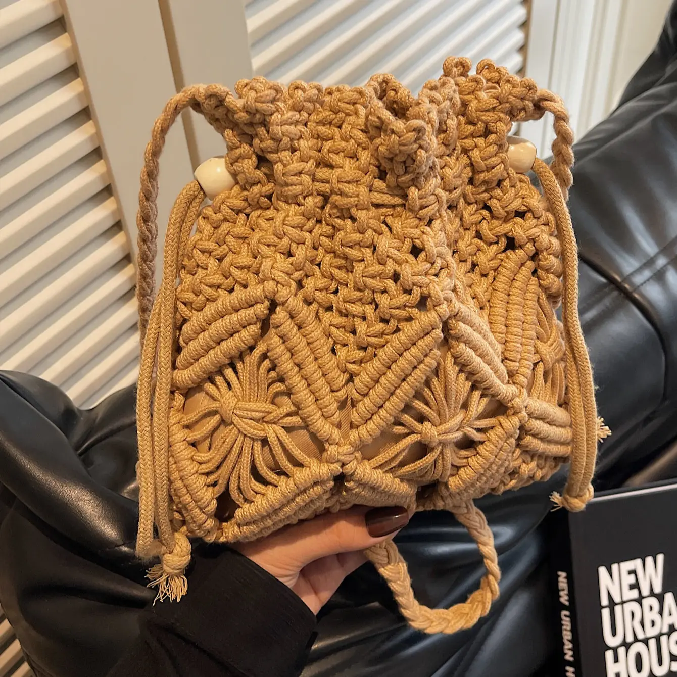 Retro Urban Crossbody Bag Women Cotton Rope Crochet Tan